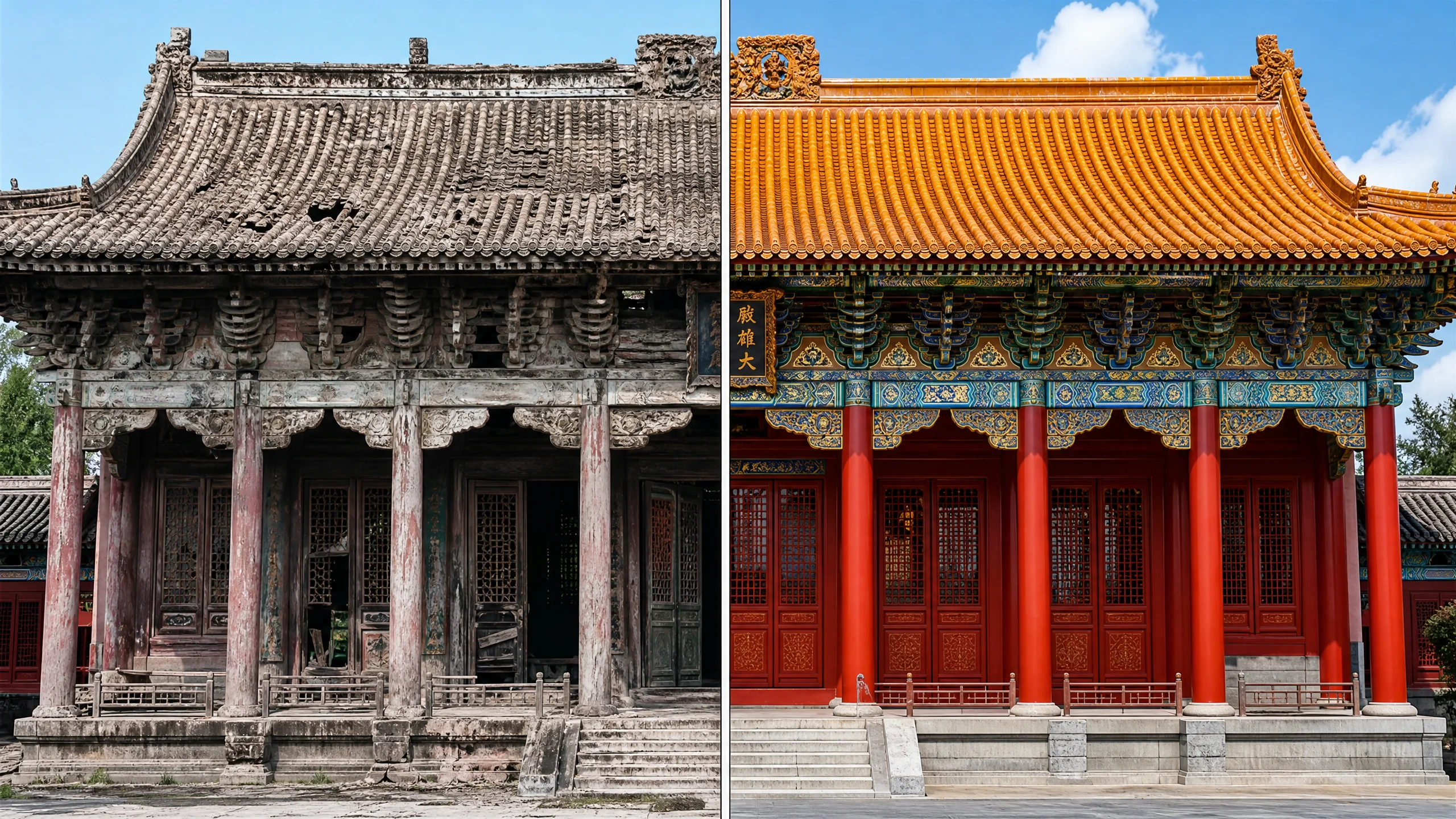 古建筑修复后的完整面貌，朱红立柱与金色琉璃瓦焕然一新