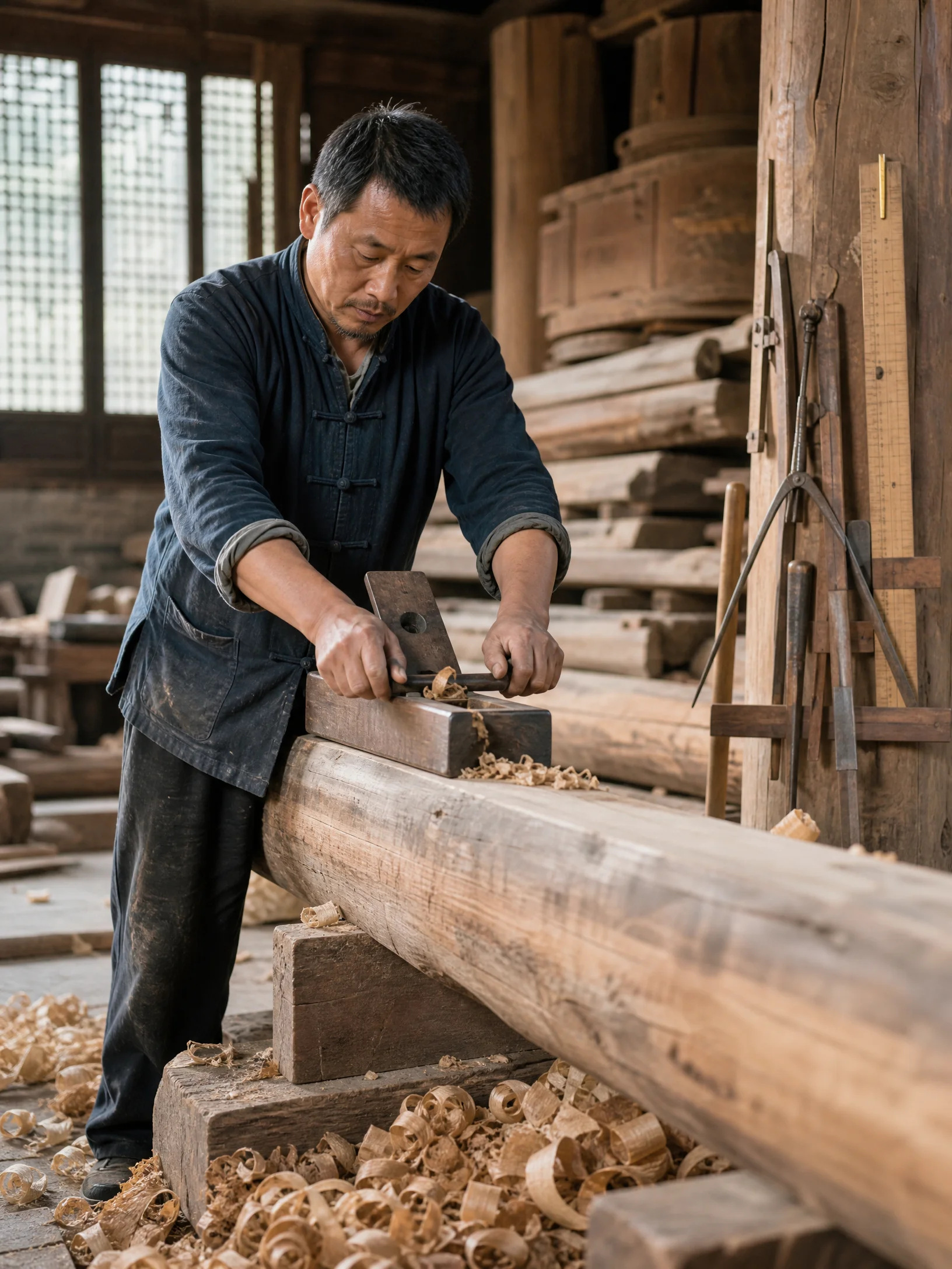 木作大师李师傅使用传统刨子加工木构﻿件