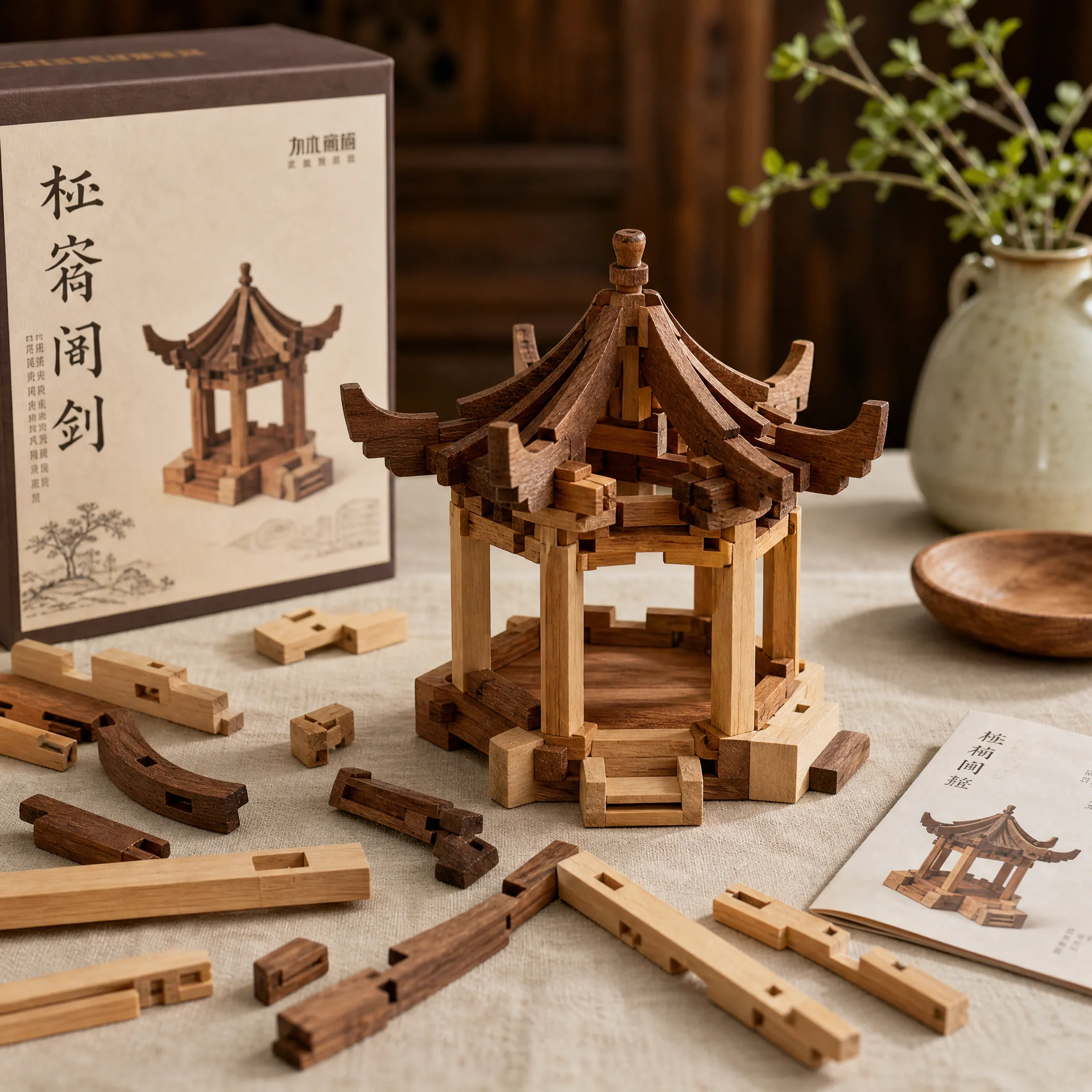 榫卯‍积木六角亭模型套装，展示精密的木构拼装